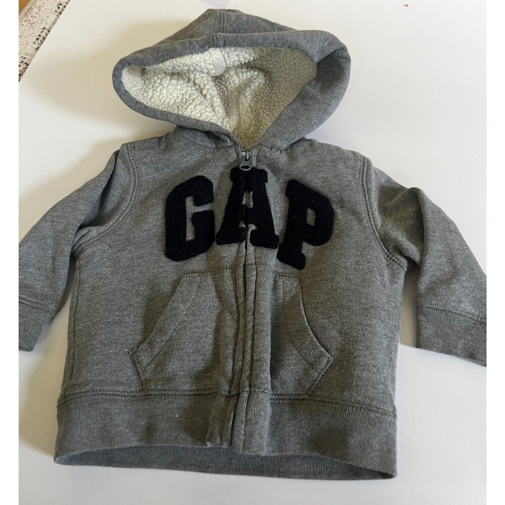 Baby Gap Logo Sweatshirt 6-12M Fleece Hoodie Zipper Gray Black Sherpa